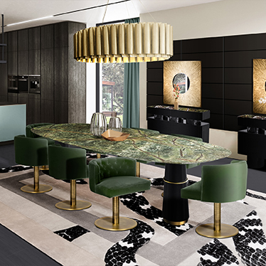 AGRA III DINING TABLE, BOURBON II DINING CHAIR, HULI SQUARE MIRROR, SHINTO SIDEBOARD